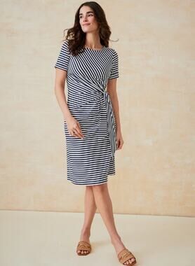 J.Mclaughlin Short Sleeve Leonora Striped Midi Dress White Navy Womens Sz Large